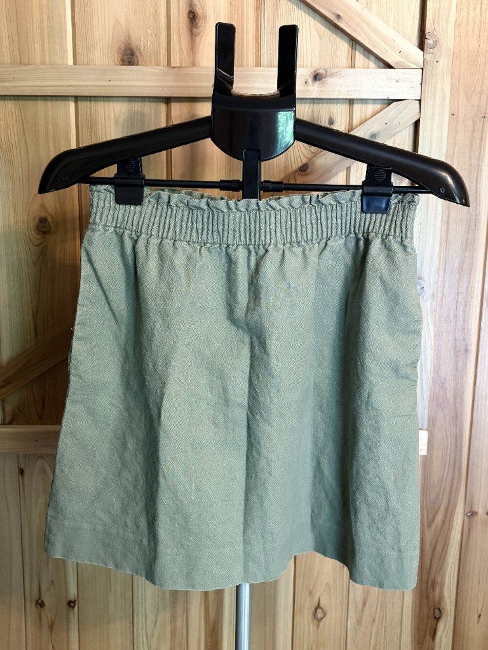 J.Crew Women Pull-On Paperbag Mini Skirt Sz 4 SageGreen LinenBlend Lined Pockets